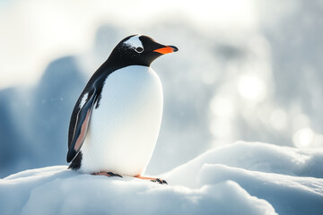 Obraz premium Close-up portrait of penguin on a piece of ice near sea water. Endangered species climate change . IA