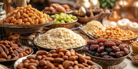 Various nuts and dried fruits displayed in bowls at a traditional market in the afternoon sunlight