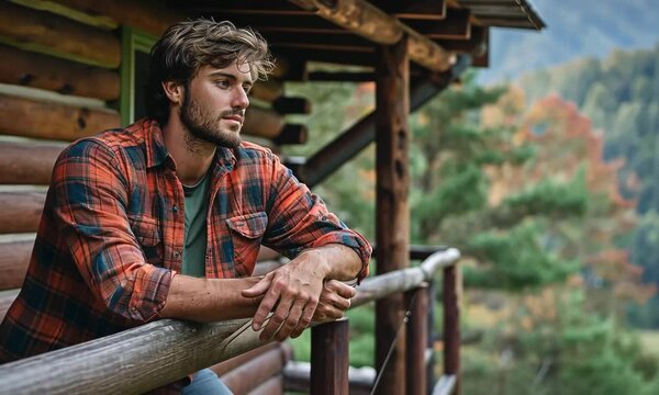 A young man in a flannel shirt leans on the railing of the porch of a rustic cabin overlooking forests and mountains Video