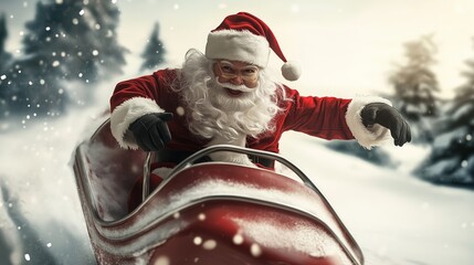 Santa joyfully rides a sleigh through winter!