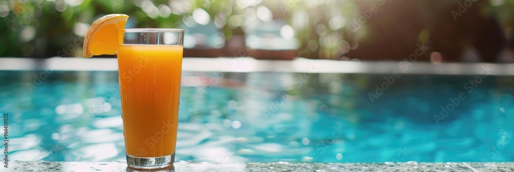 Poster savoring refreshing and nutritious juice by the poolside.
