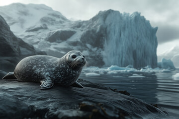 Seal lying on an ice island at the pole with a waterfall in the background on an iceberg. Climate change, protected species in danger of extinction. AI