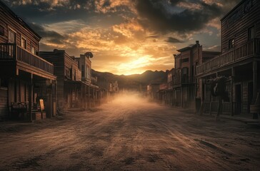 An old western town at sunset with dusty streets and vintage buildings