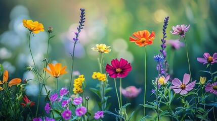 Fototapeta premium Field of colorful flowers and others under sun on blurry background