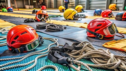 Helmets, harnesses, and pads scattered around a crash mat, with ropes and cables in the background, highlighting the importance of stunt safety precautions.