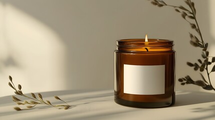 Amber glass candle jar mockup, cylindrical amber candle with blank label, candle burning, cozy sunny bright home interior decor