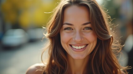 Obraz premium Photo of a beautiful smiling girl taken in a park. The background is blurred.