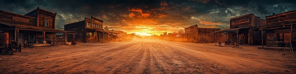 An old western town at sunset with dusty streets and vintage buildings