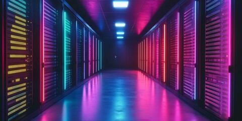 Fototapeta premium Colorful neon locks illuminate a dark wall, representing security and protection in the digital age