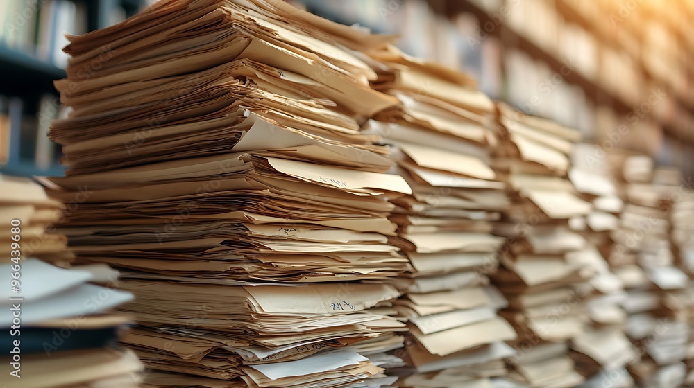 Poster a large stack of papers sits on a shelf in a library, with other stacks of papers visible in the bac