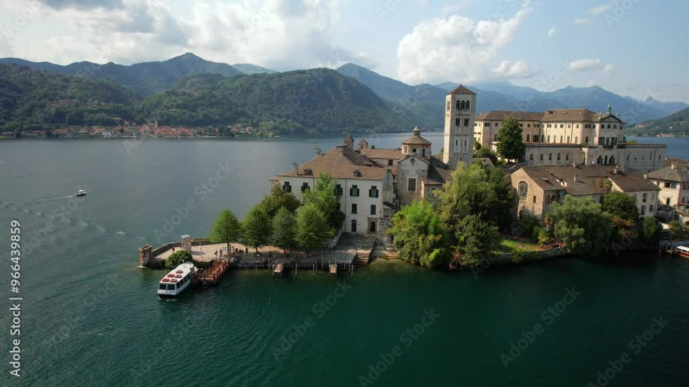 Poster Most beautiful italian villages and unique places - romantic island San Giulio in Orta lake ( Lago di Orta) in Piedmont Province of Novara . aerial drone video