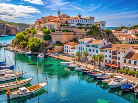 Historic harbor with rustic boats and ancient buildings in Mahon, Menorca, Spain, surrounded by rugged hills and tranquil turquoise Mediterranean Sea.