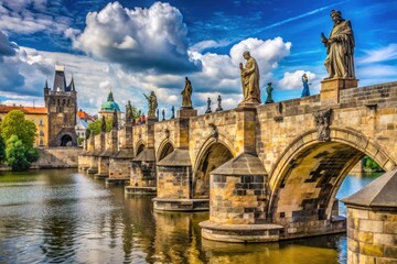 Obraz premium Historic stone bridge with statues of saints lined up along its length, spanning the Vltava River in the heart of the Czech Republic's capital city.