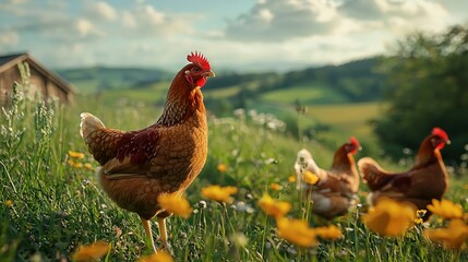   A flock of chickens perched atop a verdant meadow beside a vibrant field of blossoms