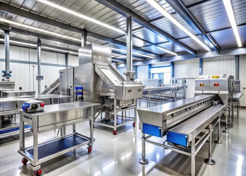 Hygiene-focused stainless steel food processing equipment, including conveyor belts, metal detectors, and automated sorting machines, in a modern, well-lit industrial facility.