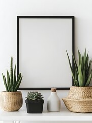 Fototapeta premium Black Square Frame Mockup with Home Decor Featuring Succulents and Copy Space