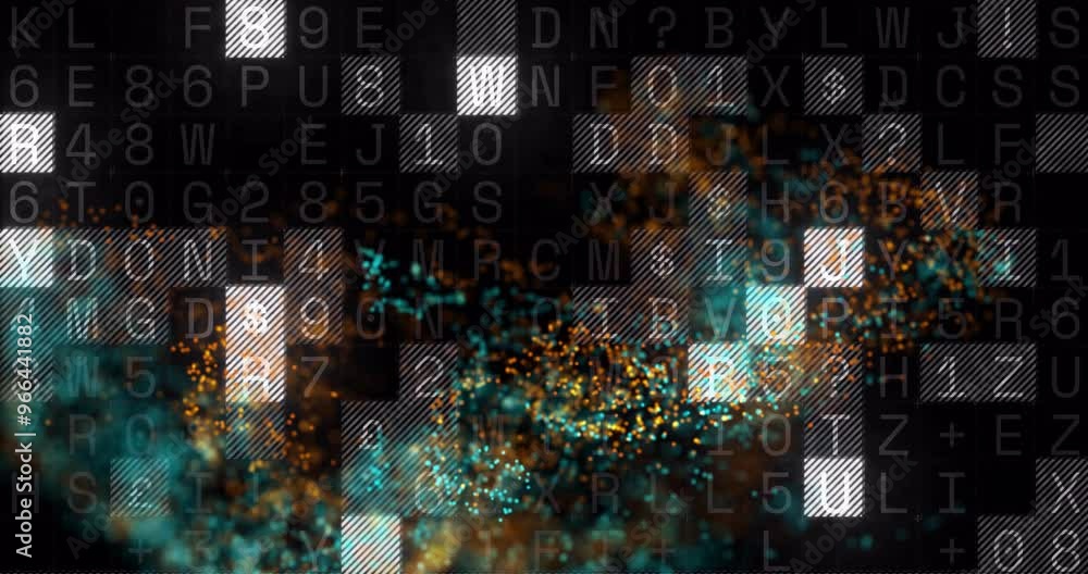 Poster animation of light spots over data processing on black background