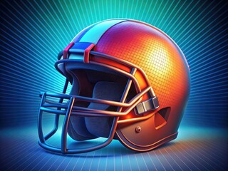 Fototapeta premium Illuminated American football helmet illustration in bold colors and sleek lines, set against a gradient blue background with subtle grid texture and shading effects.