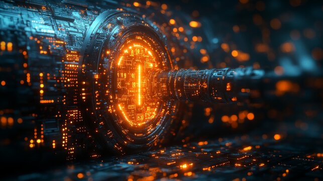 Digital key unlocking an encrypted vault in a futuristic cyber landscape with glowing circuitry