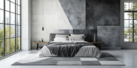 Modern bedroom design with textured wall and natural elements in a sunlit, serene setting