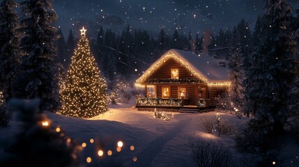 Christmas lights illuminating a cozy cabin, snowy backdrop, December 21