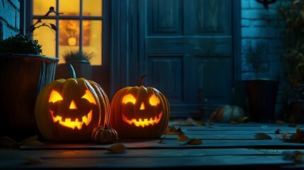 Obraz premium Carved Pumpkins Glowing on a Porch at Night - Helloween