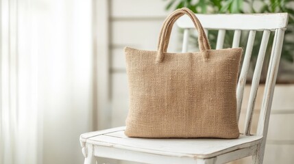 Eco-friendly jute bag placed on a white wooden chair. Perfect for topics on sustainability, zero-waste lifestyle, reusable shopping solutions, minimalist interiors, or natural fiber products