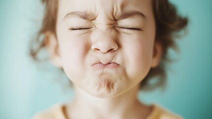 Adorable little girl making a funny face with her scrunched up nose and closed eyes, full of joy and playfulness.