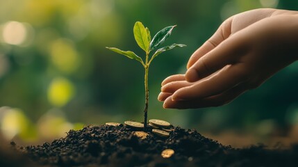 Fototapeta premium Growth and Prosperity: A Hand Nurturing a Sapling Emerging from a Bed of Coins