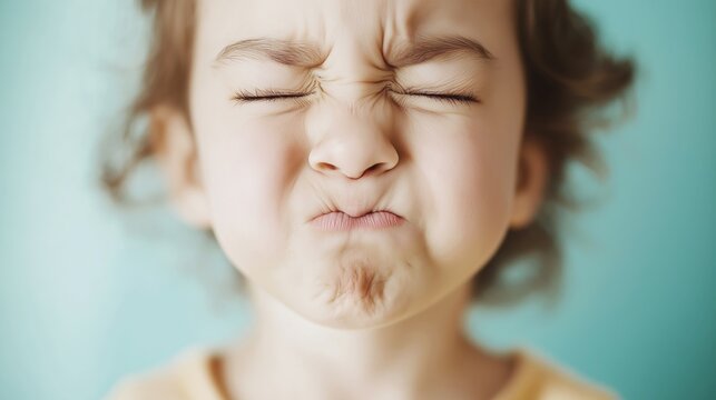 Adorable little girl making a funny face with her scrunched up nose and closed eyes, full of joy and playfulness.