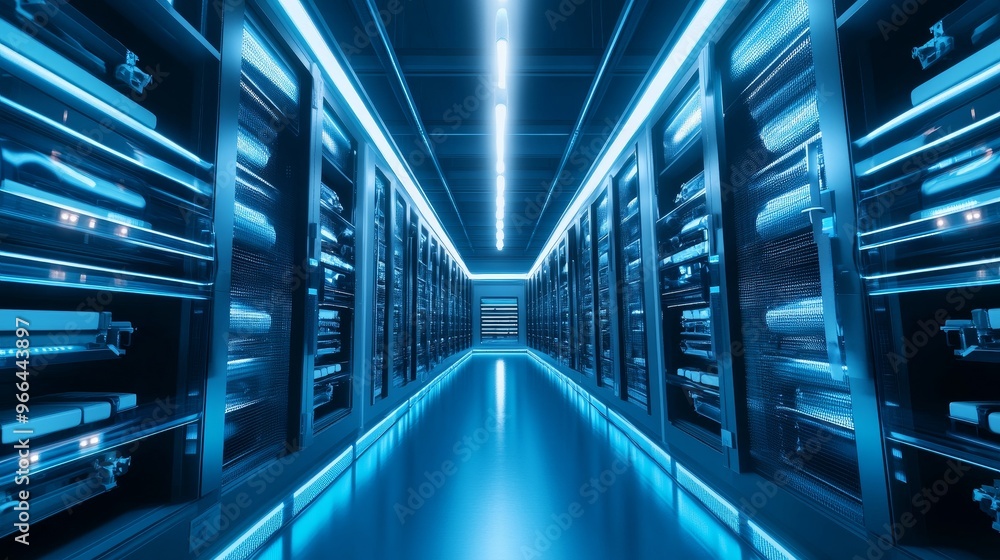 Poster a futuristic data center corridor illuminated with blue lights, showcasing rows of servers for data 