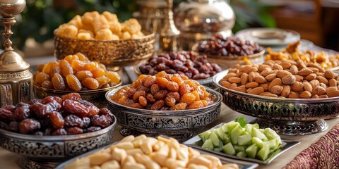 Various nuts and dried fruits displayed in bowls at a traditional market in the afternoon sunlight