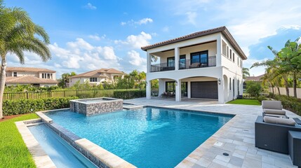 Fototapeta premium Front villa exterior with modern swimming pool. Suburban mansion building with garage and city view. Residential family cottage in Florida village.