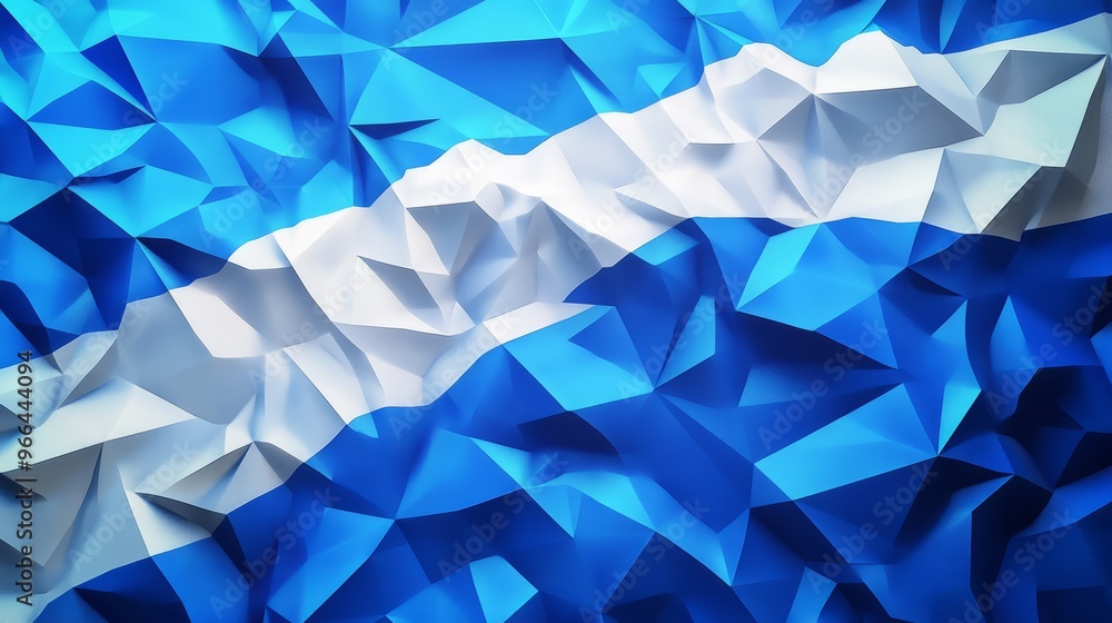 Poster greece, vector flag, virtual abstract 3d object made of triangular polygons on a blue background
