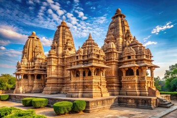 Fototapeta premium Intricately carved ancient temples stand majestically amidst lush green surroundings, showcasing impeccable Indian architecture and intricate stone sculptures in Khajuraho, Madhya Pradesh.