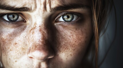Close-up portrait of a young woman with freckles and green eyes, neutral expression against a gray background.