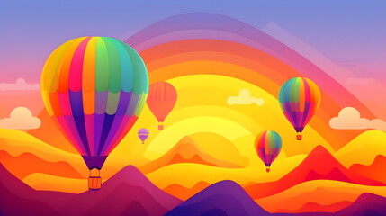 Bunte Hei&szlig;luftballons vor einem leuchtenden Sonnenuntergang in einer h&uuml;geligen Landschaf - Ai-Ki generiert