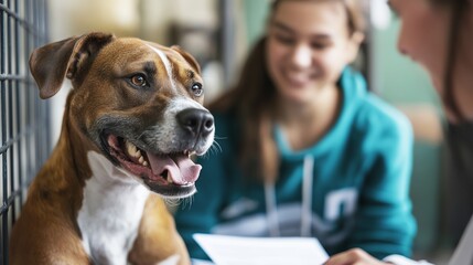 Hopeful brown and white dog sitting in kennel at animal shelter with caring volunteer looking for forever home