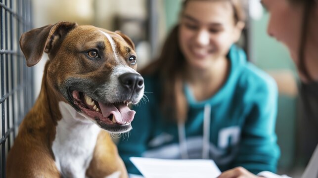 Hopeful brown and white dog sitting in kennel at animal shelter with caring volunteer looking for forever home