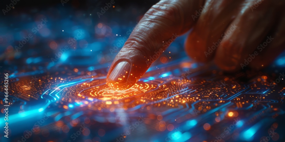 Poster finger touching a glowing digital surface with futuristic circuits, representing technology, innovat
