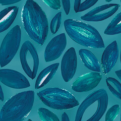 Hand-painted abstract shapes, seamless  pattern with leaves.