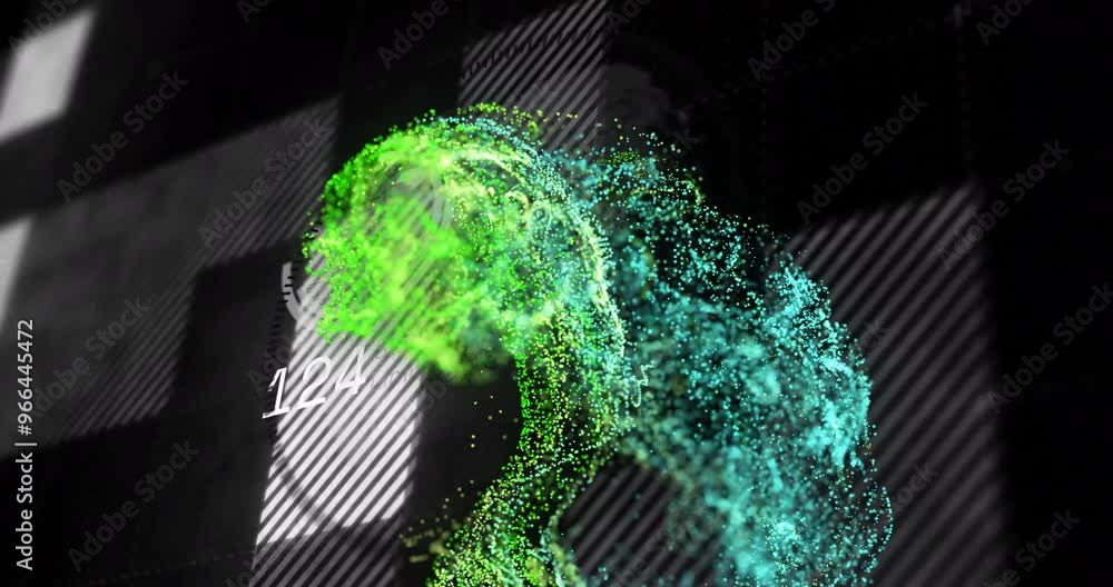 Poster animation of green spots over data processing on black background