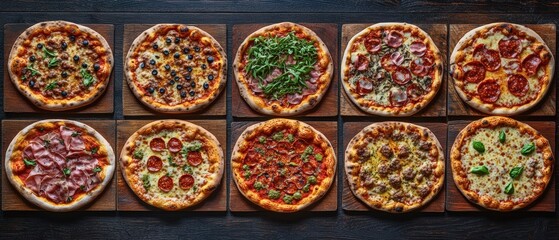 Fototapeta premium A collage of different types and flavors of pizza. crisp crusts, one filled with mozzarella cheese, another topped with green salad leaves, and fresh vegetables and meat.