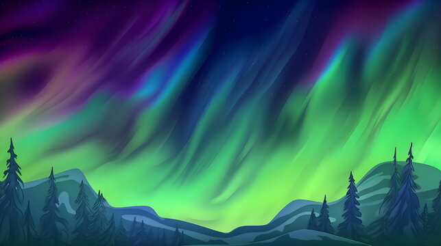 Nordlichter &uuml;ber verschneiter Winterlandschaft im Illustrationsstil - Ai-Ki generiert