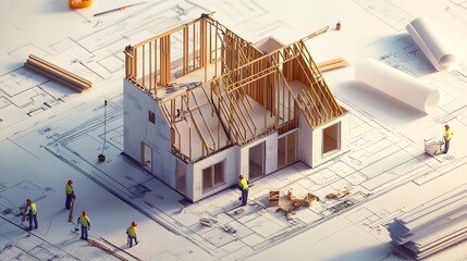 Detailed House Under Construction on Architectural Blueprints with Workers and Building Materials in Daylight - Architectural Design and Planning Concept