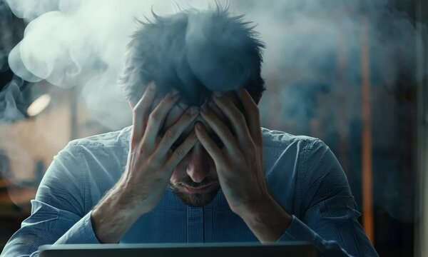 
A stressed office worker sits at a cluttered desk, hands on their head, surrounded by paperwork and a laptop. This image captures the essence of workplace anxiety and mental health challenges.