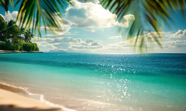 
A stunning tropical beach scene featuring blurred backgrounds and bright sparkling water reflections. This image encapsulates the essence of summer vacations, perfect for travel and relaxation themes