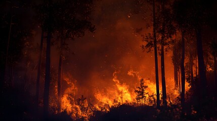 Dramatic Nighttime Forest Fire Blazing Through Trees at Night with Intense Orange Flames and Smoke in Dark Woodland 