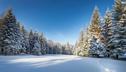 Snow covered trees in a winter wonderland. Bathed in sunlight. Cold white snow meets blue skies. Creating a serene setting. Glistening frost on pine branches. Perfect for a tranquil winter adventure