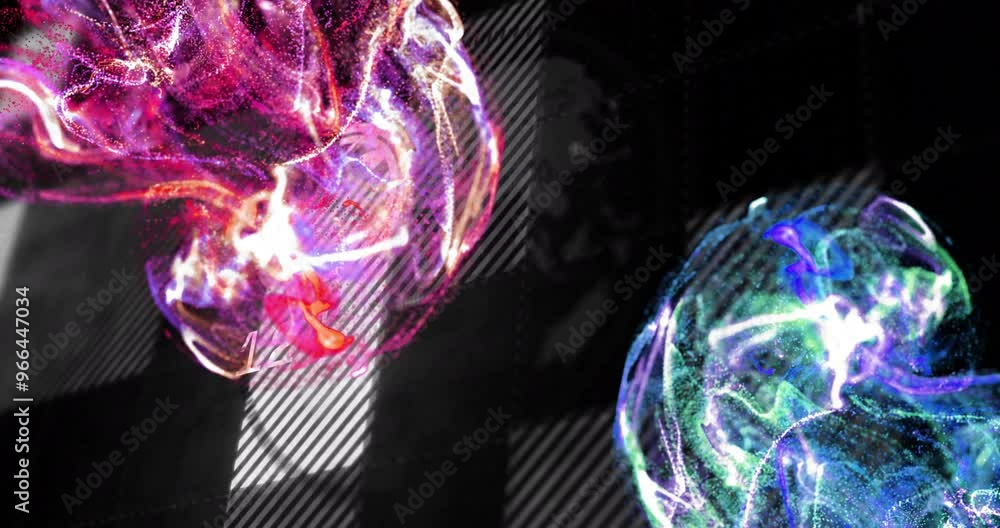 Poster animation of blue spots over data processing on black background